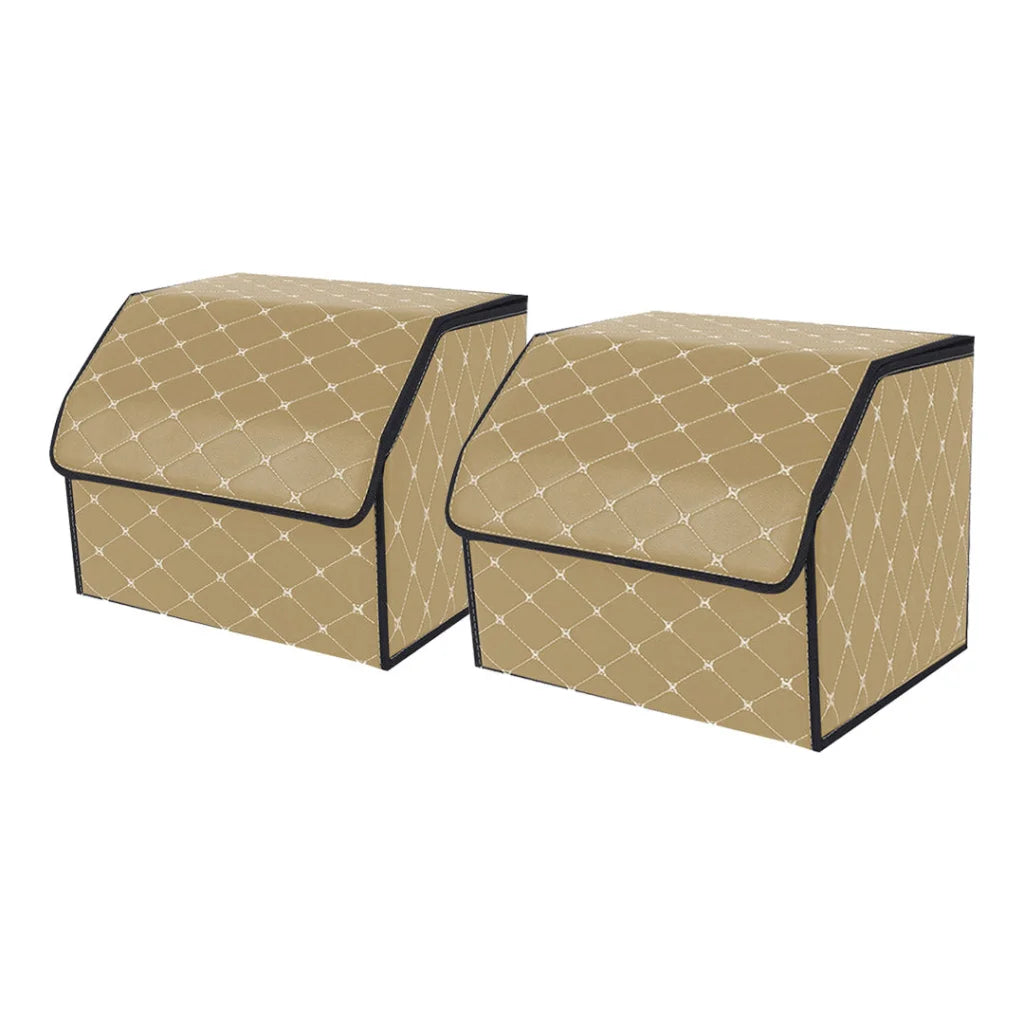 Leather Car Boot Trunk Cargo Organizer 2X Collapsible Foldable Storage Box Beige/Gold Stitch Small