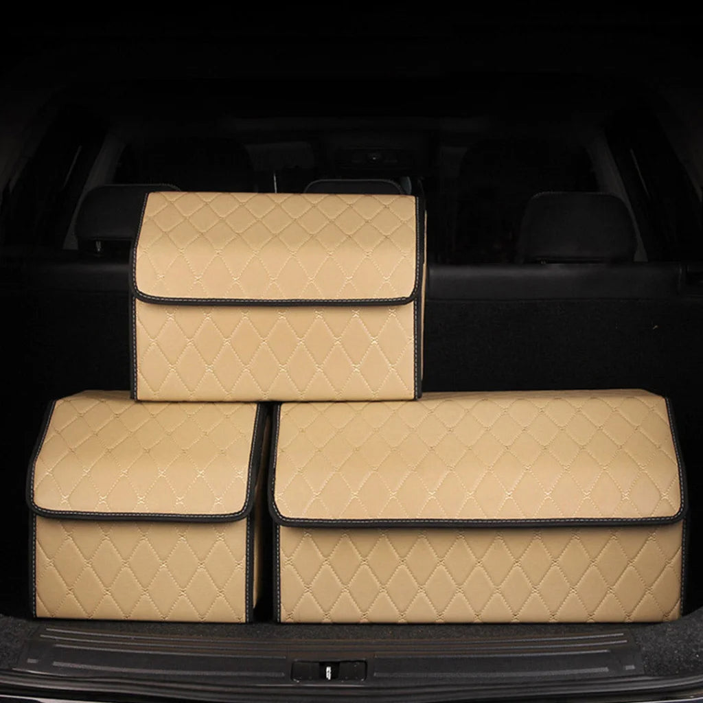 Leather Car Boot Trunk Cargo Organizer 2X Collapsible Foldable Storage Box Beige/Gold Stitch Large