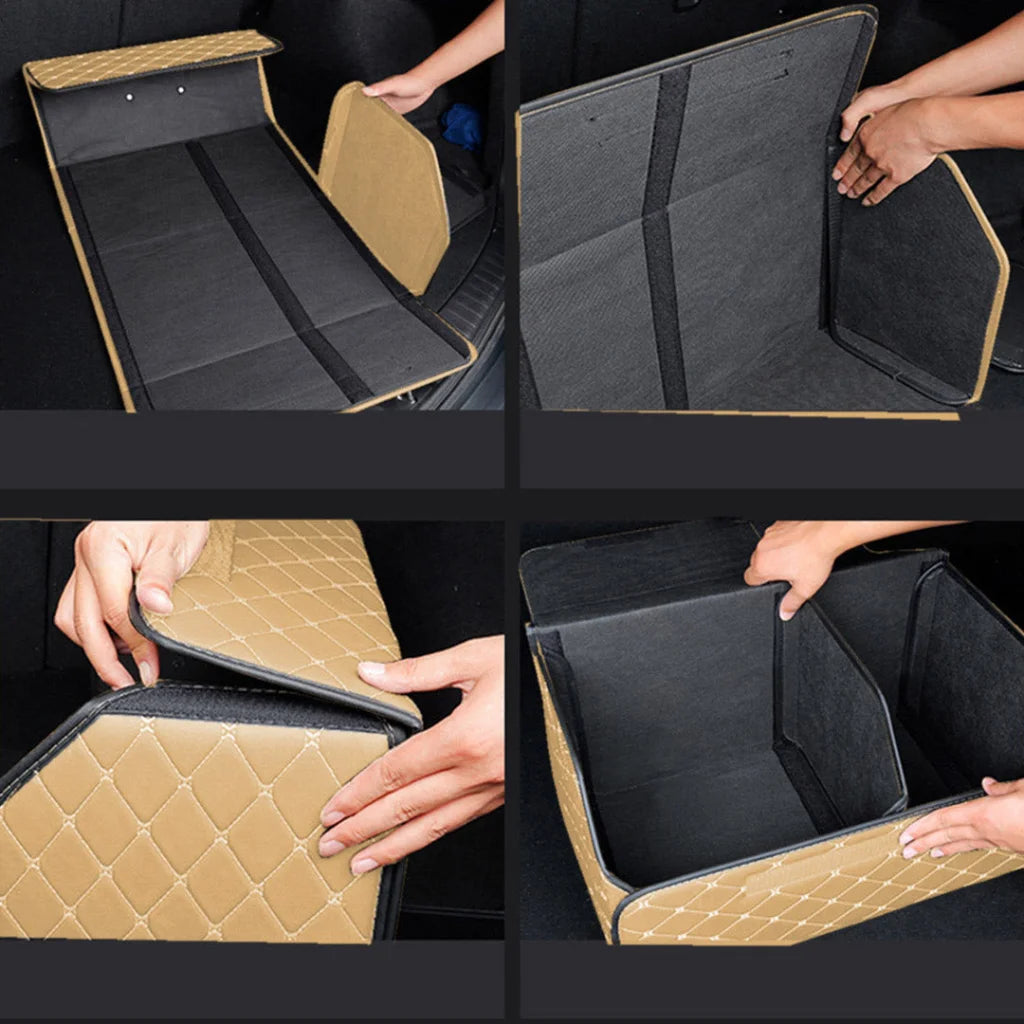 Leather Car Boot Trunk Cargo Organizer 2X Collapsible Foldable Storage Box Beige/Gold Stitch Large