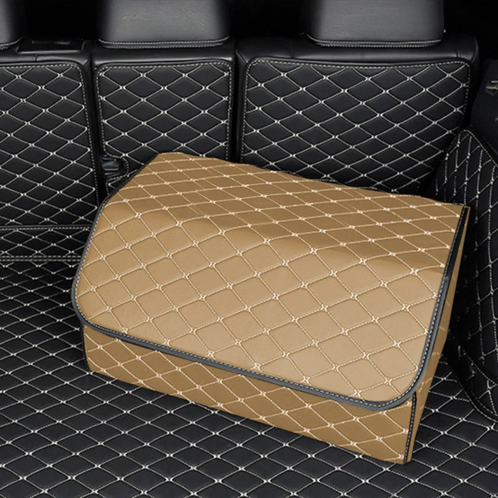 Leather Car Boot Trunk Cargo Organizer 2X Collapsible Foldable Storage Box Beige/Gold Stitch Large