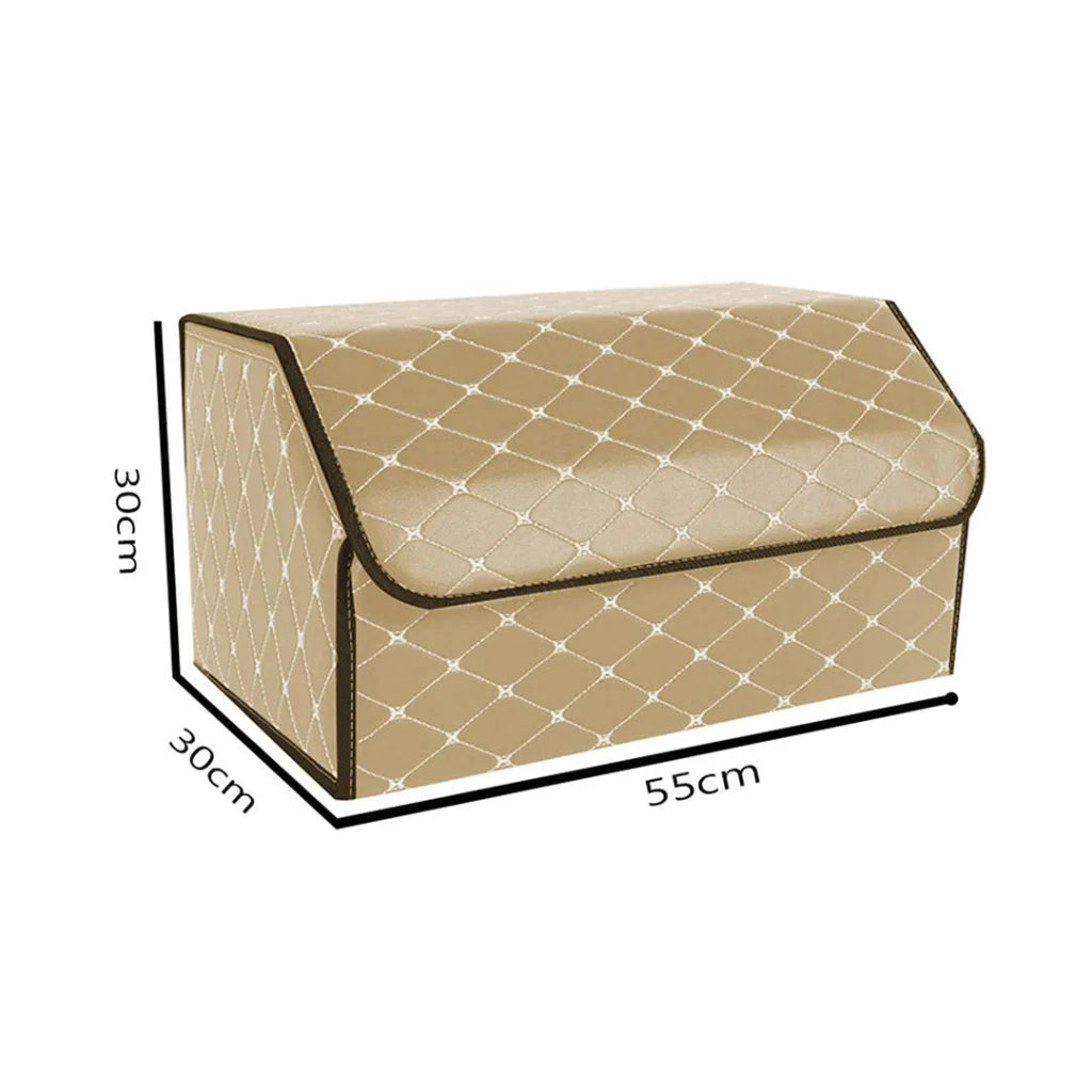 Leather Car Boot Trunk Cargo Organizer 2X Collapsible Foldable Storage Box Beige/Gold Stitch Large