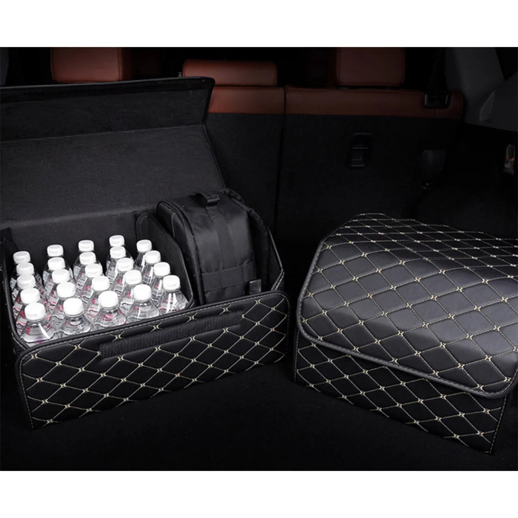 Leather Car Boot Trunk Cargo Organizer 2X Collapsible Foldable Storage Box Black/Gold Stitch Medium