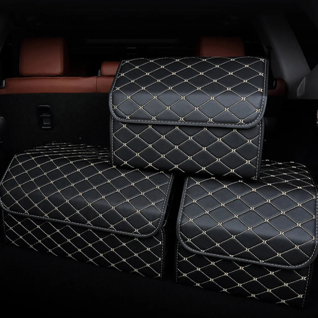 Leather Car Boot Trunk Cargo Organizer 2X Collapsible Foldable Storage Box Black/Gold Stitch Large