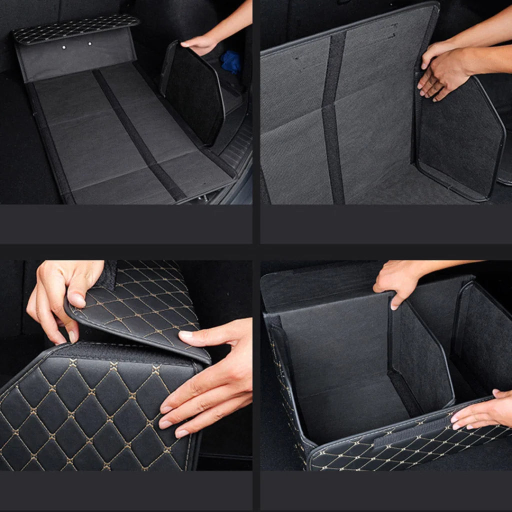 Leather Car Boot Trunk Cargo Organizer 2X Collapsible Foldable Storage Box Black/Gold Stitch Medium
