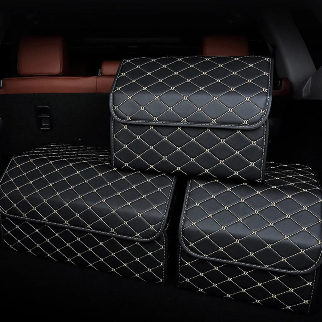 Leather Car Boot Trunk Cargo Organizer 2X Collapsible Foldable Storage Box Black/Gold Stitch Medium