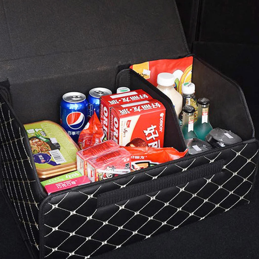 Leather Car Boot Trunk Cargo Organizer 2X Collapsible Foldable Storage Box Black/Gold Stitch Medium