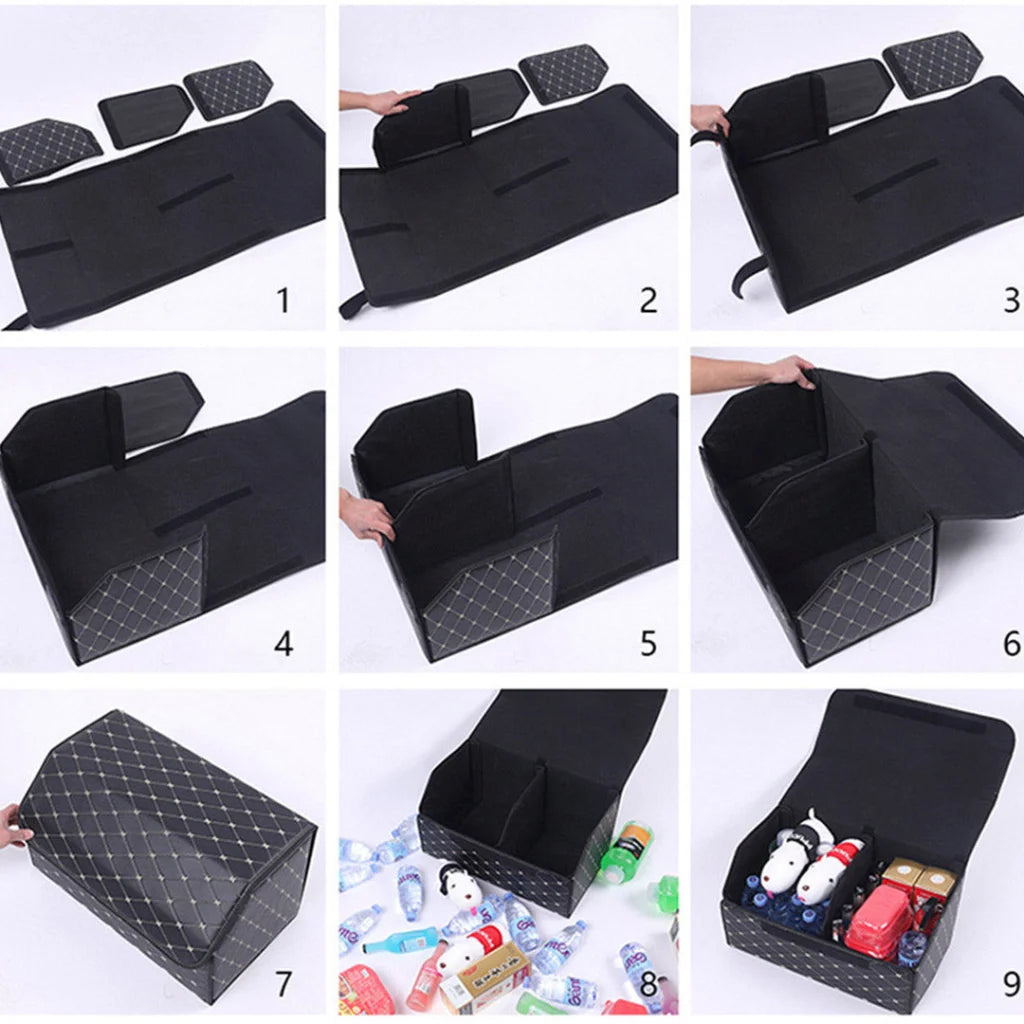 Leather Car Boot Trunk Cargo Organizer 2X Collapsible Foldable Storage Box Black/Gold Stitch Large