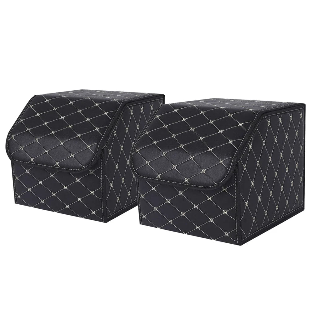 Leather Car Boot Trunk Cargo Organizer 2X Collapsible Foldable Storage Box Black/Gold Stitch Small