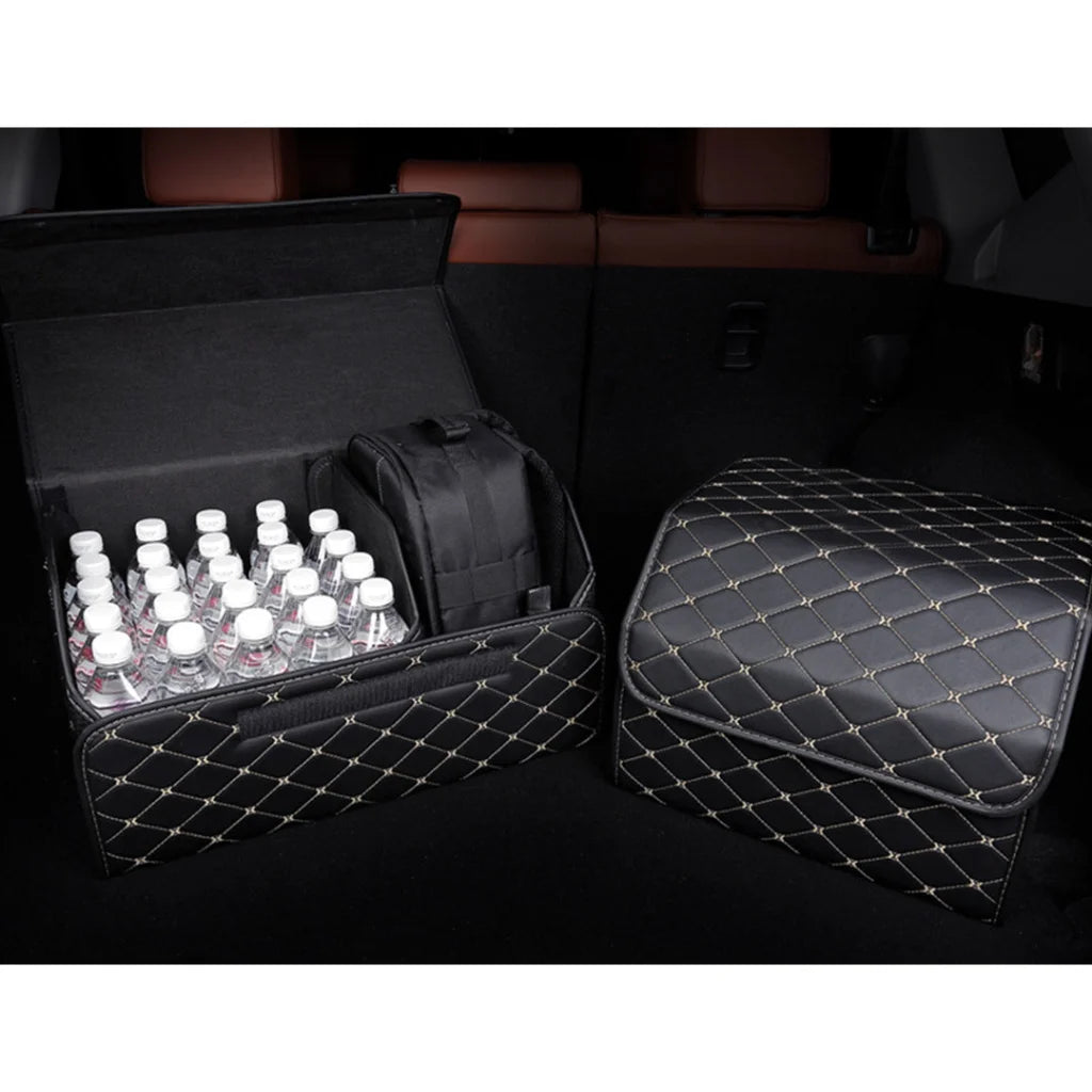 Leather Car Boot Trunk Cargo Organizer 2X Collapsible Foldable Storage Box Black/Gold Stitch Small