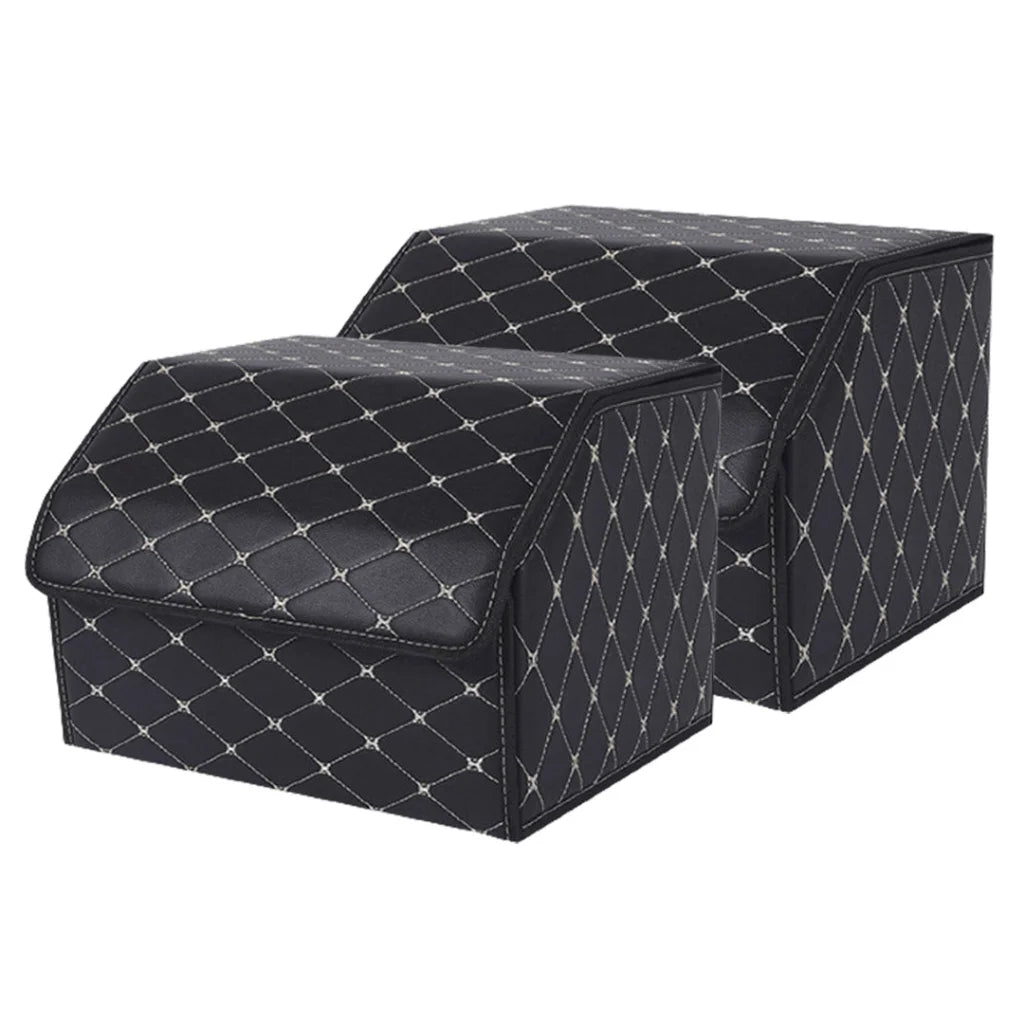Leather Car Boot Trunk Cargo Organizer 2X Collapsible Foldable Storage Box Black/Gold Stitch Medium