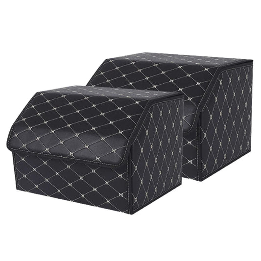 Leather Car Boot Trunk Cargo Organizer 2X Collapsible Foldable Storage Box Black/Gold Stitch Medium