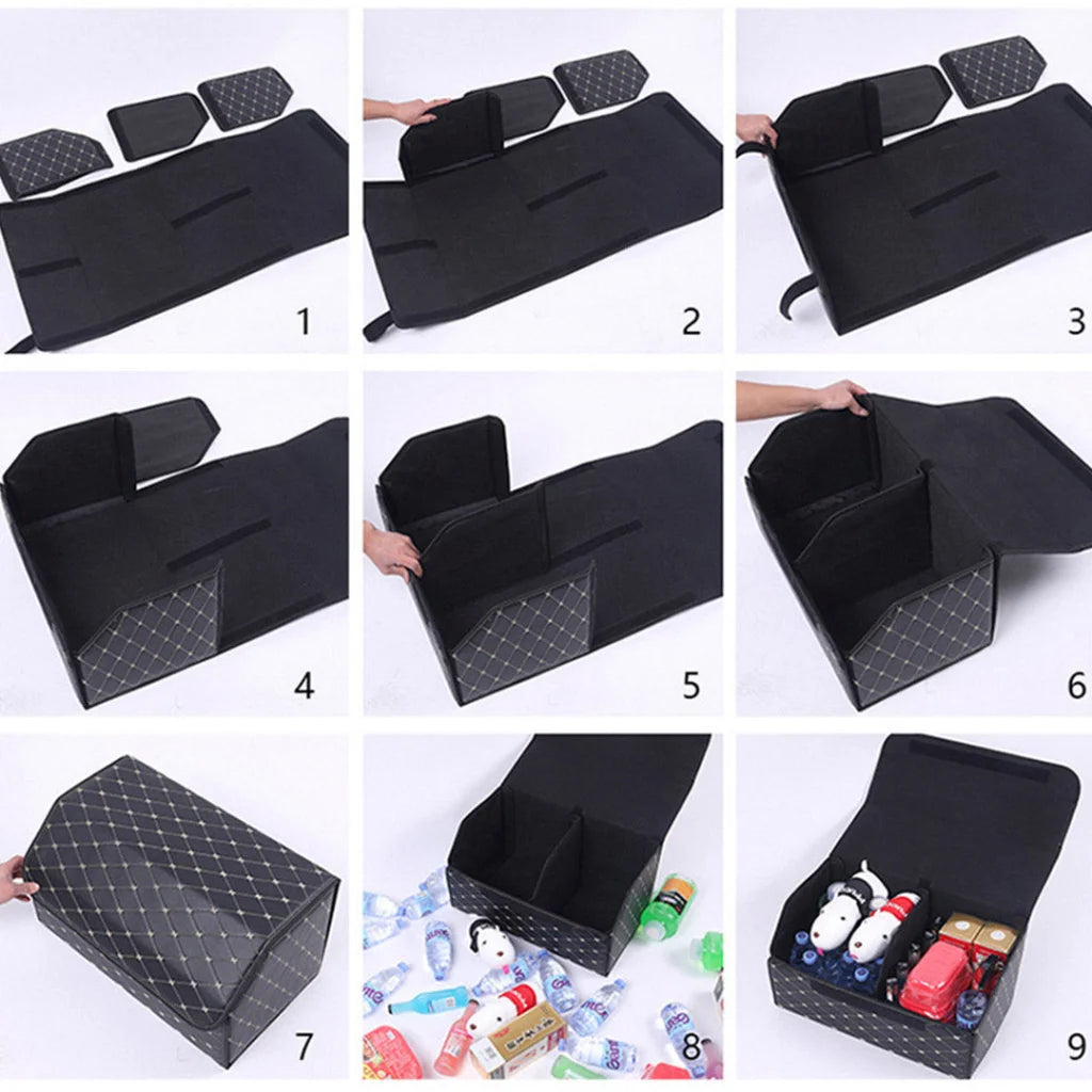 Leather Car Boot Trunk Cargo Organizer 2X Collapsible Foldable Storage Box Black/Gold Stitch Medium