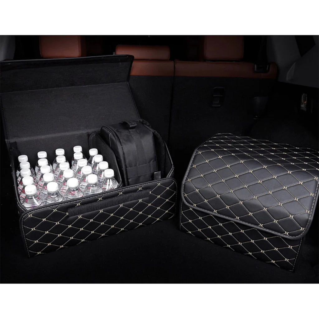 Leather Car Boot Trunk Cargo Organizer 2X Collapsible Foldable Storage Box Black/Gold Stitch Large
