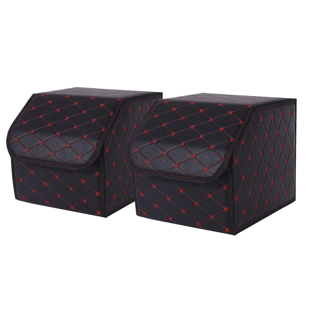 Leather Car Boot Trunk Cargo Organizer 2X Collapsible Foldable Storage Box Black/Red Stitch Small