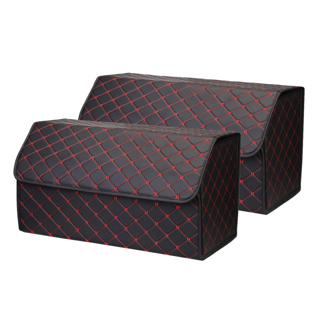 Leather Car Boot Trunk Cargo Organizer 2X Collapsible Foldable Storage Box Black/Red Stitch Large