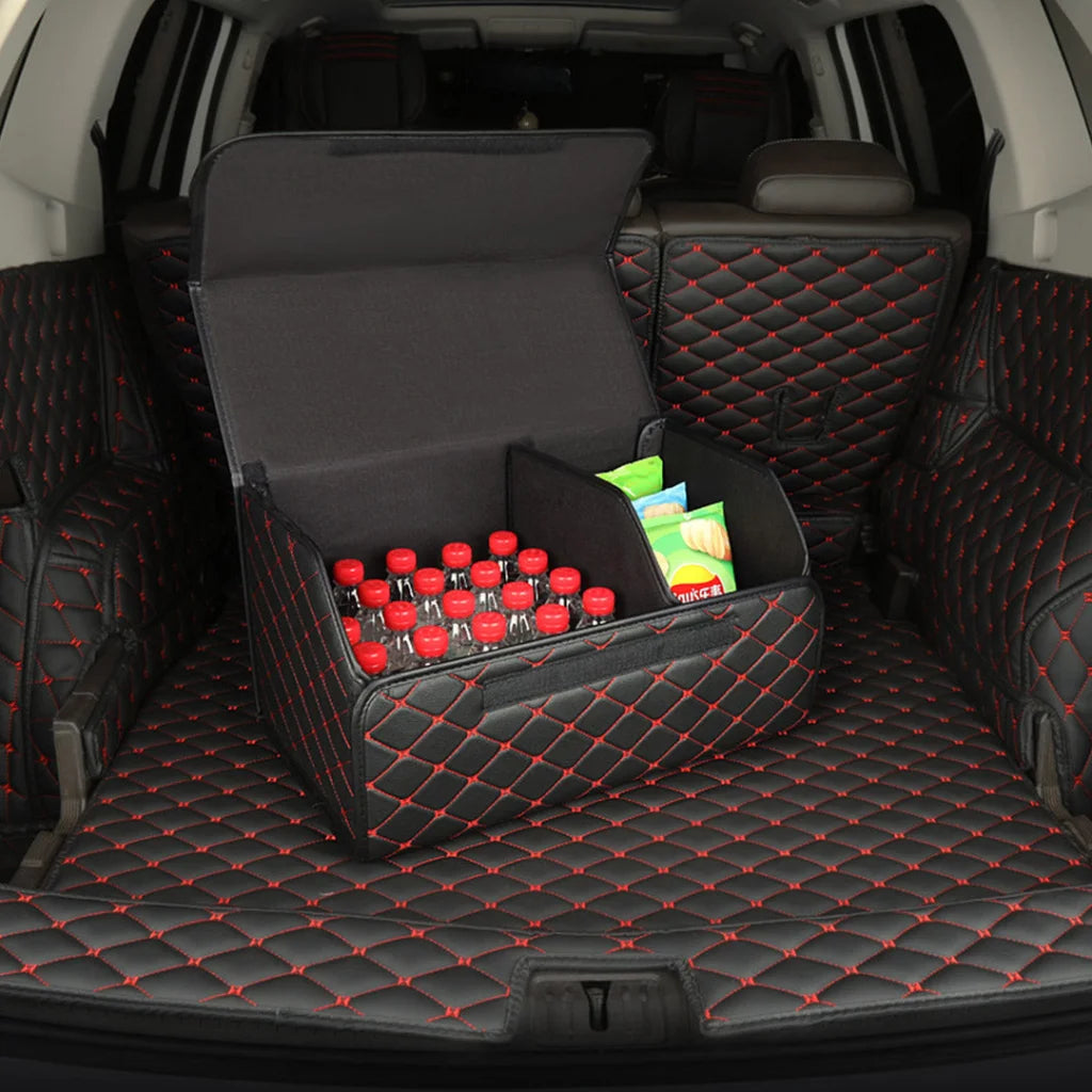 Leather Car Boot Trunk Cargo Organizer 2X Collapsible Foldable Storage Box Black/Red Stitch Small