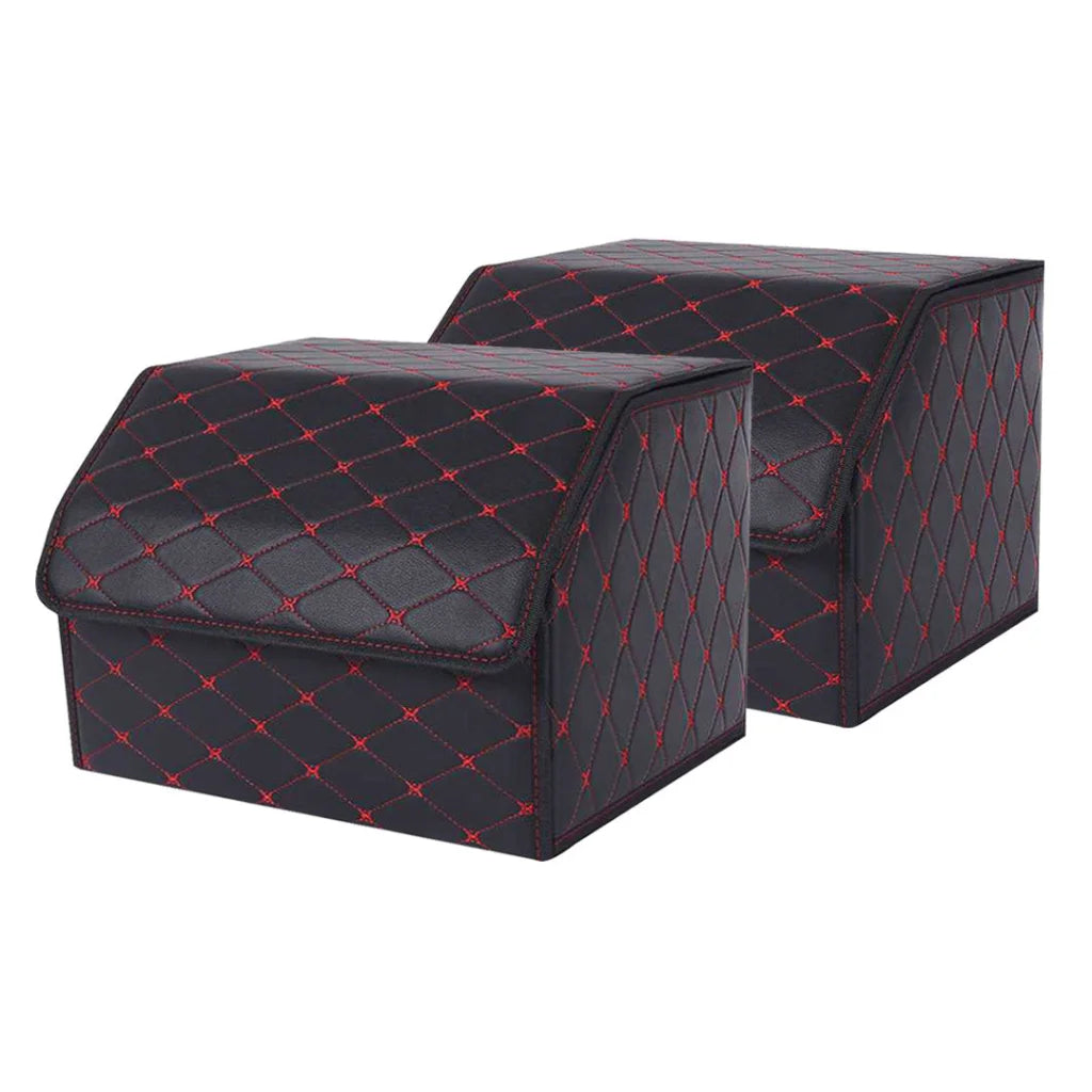 Leather Car Boot Trunk Cargo Organizer 2X Collapsible Foldable Storage Box Black/Red Stitch Medium