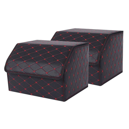 Leather Car Boot Trunk Cargo Organizer 2X Collapsible Foldable Storage Box Black/Red Stitch Medium