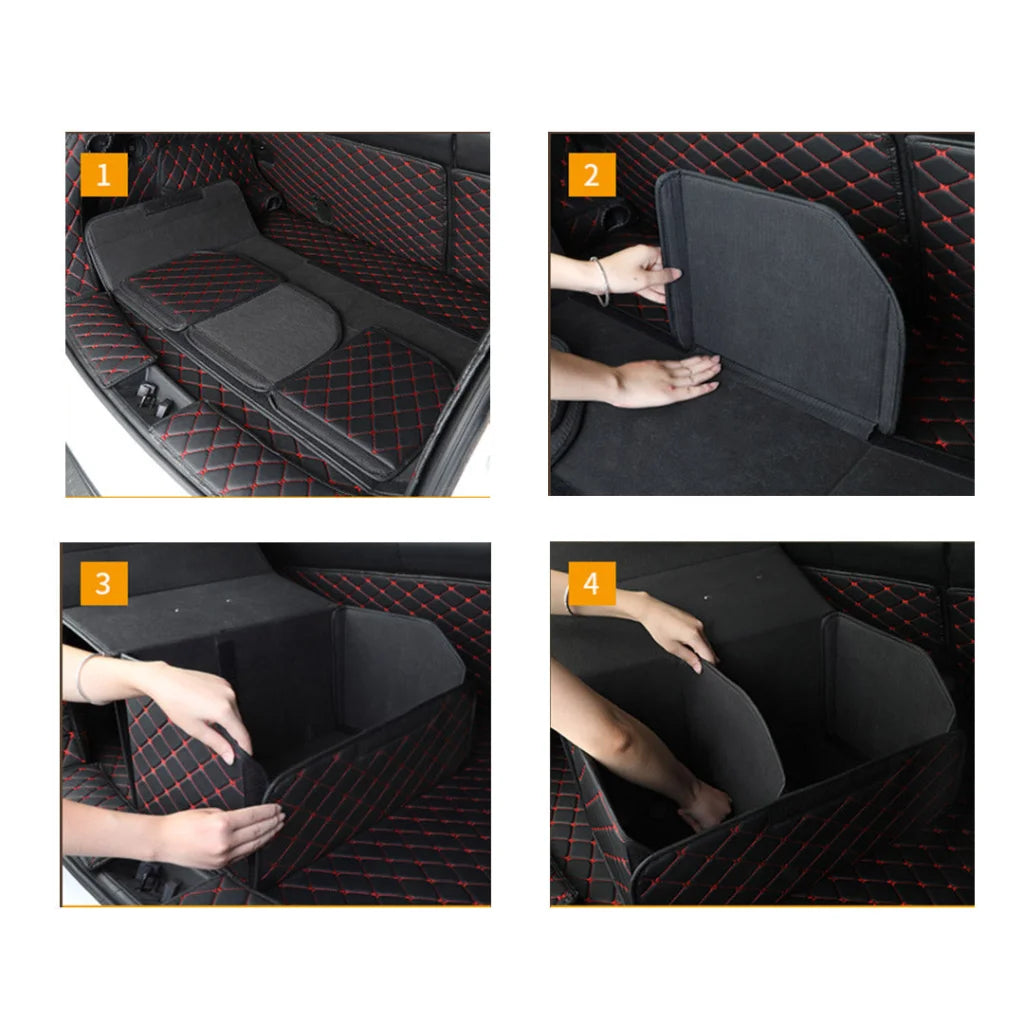 Leather Car Boot Trunk Cargo Organizer 2X Collapsible Foldable Storage Box Black/Red Stitch Large