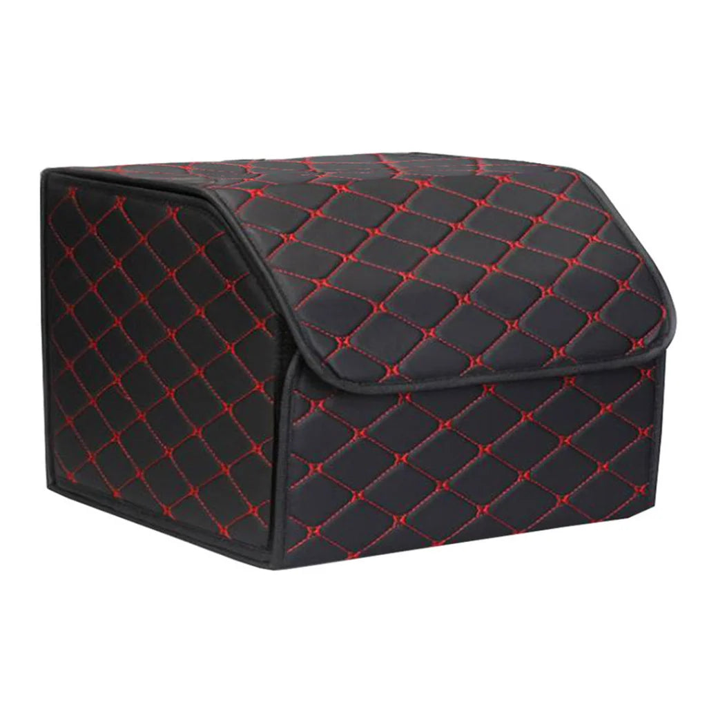 Leather Car Boot Trunk Cargo Organizer 2X Collapsible Foldable Storage Box Black/Red Stitch Medium