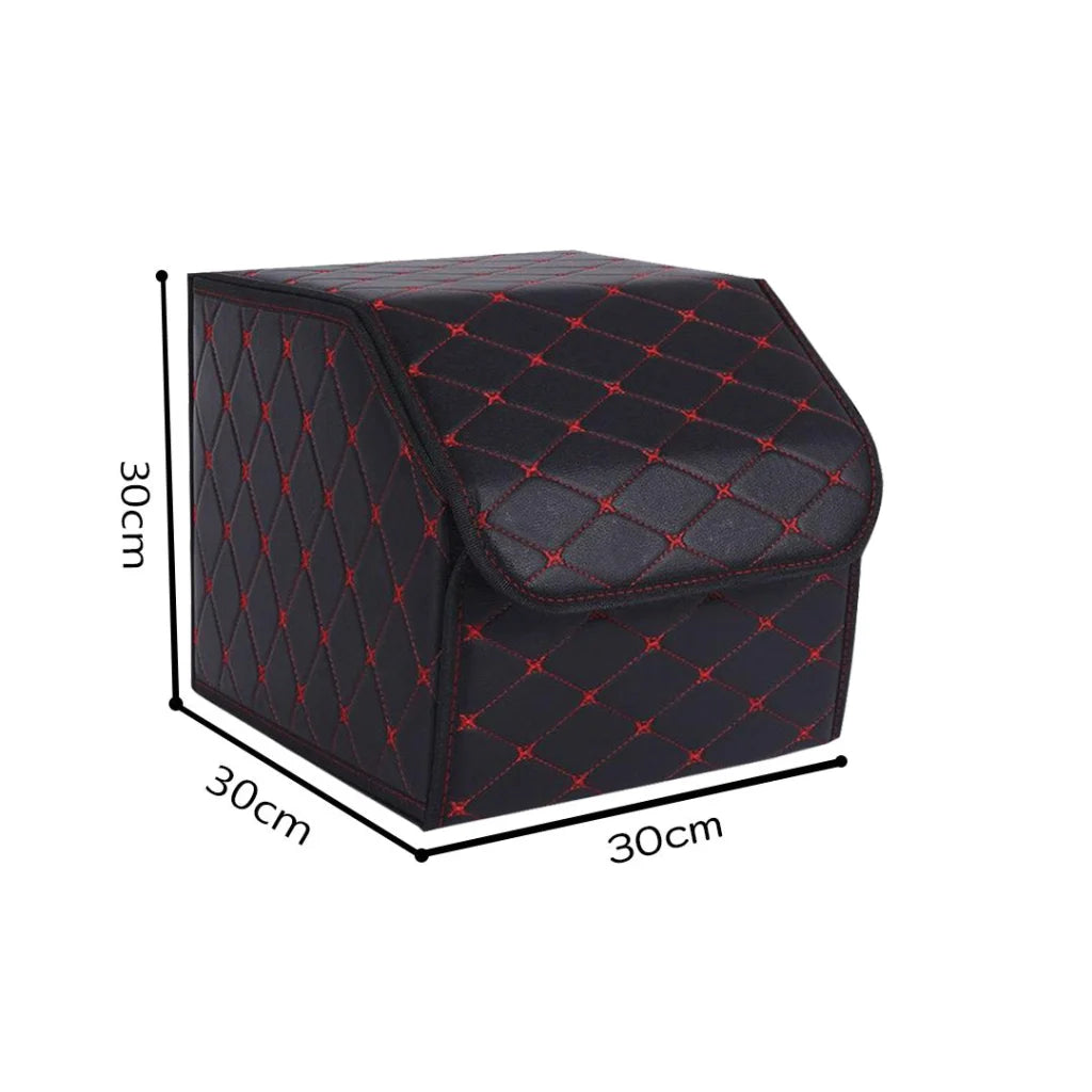Leather Car Boot Trunk Cargo Organizer 2X Collapsible Foldable Storage Box Black/Red Stitch Small