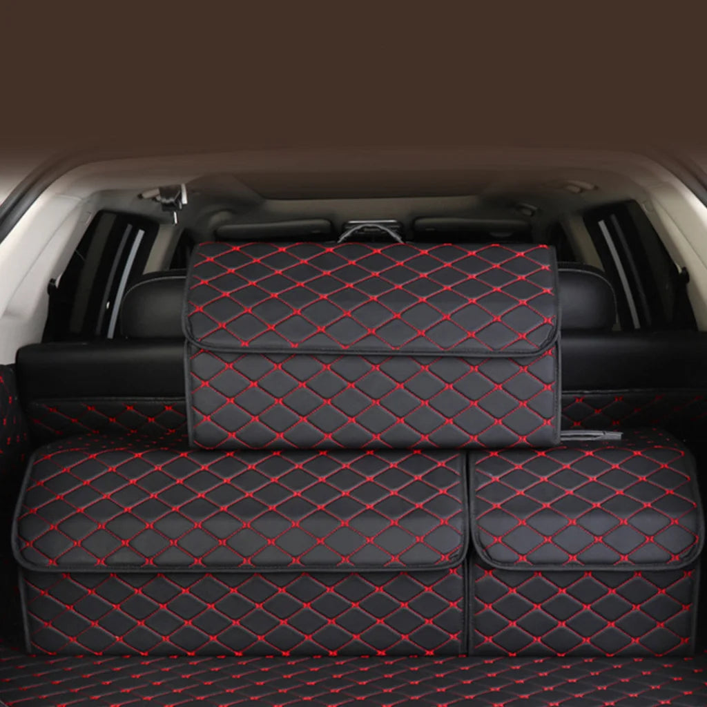 Leather Car Boot Trunk Cargo Organizer 2X Collapsible Foldable Storage Box Black/Red Stitch Small