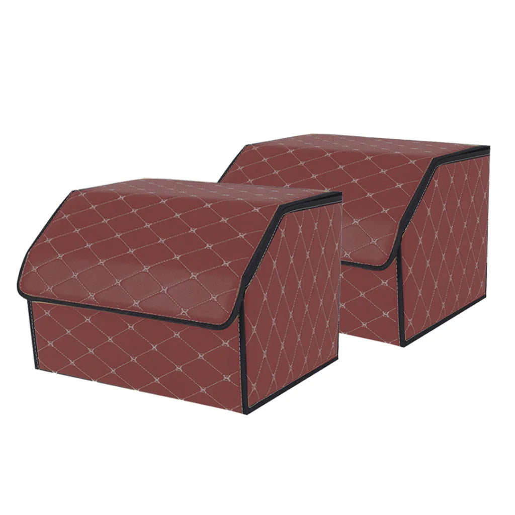 Leather Car Boot Trunk Cargo Organizer 2X Collapsible Foldable Storage Box Coffee/Gold Stitch Medium