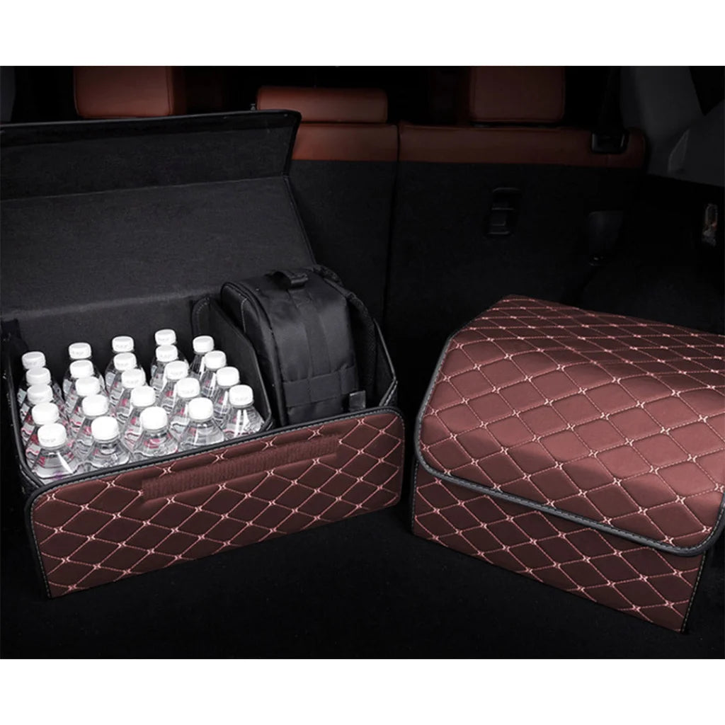 Leather Car Boot Trunk Cargo Organizer 2X Collapsible Foldable Storage Box Coffee/Gold Stitch Large
