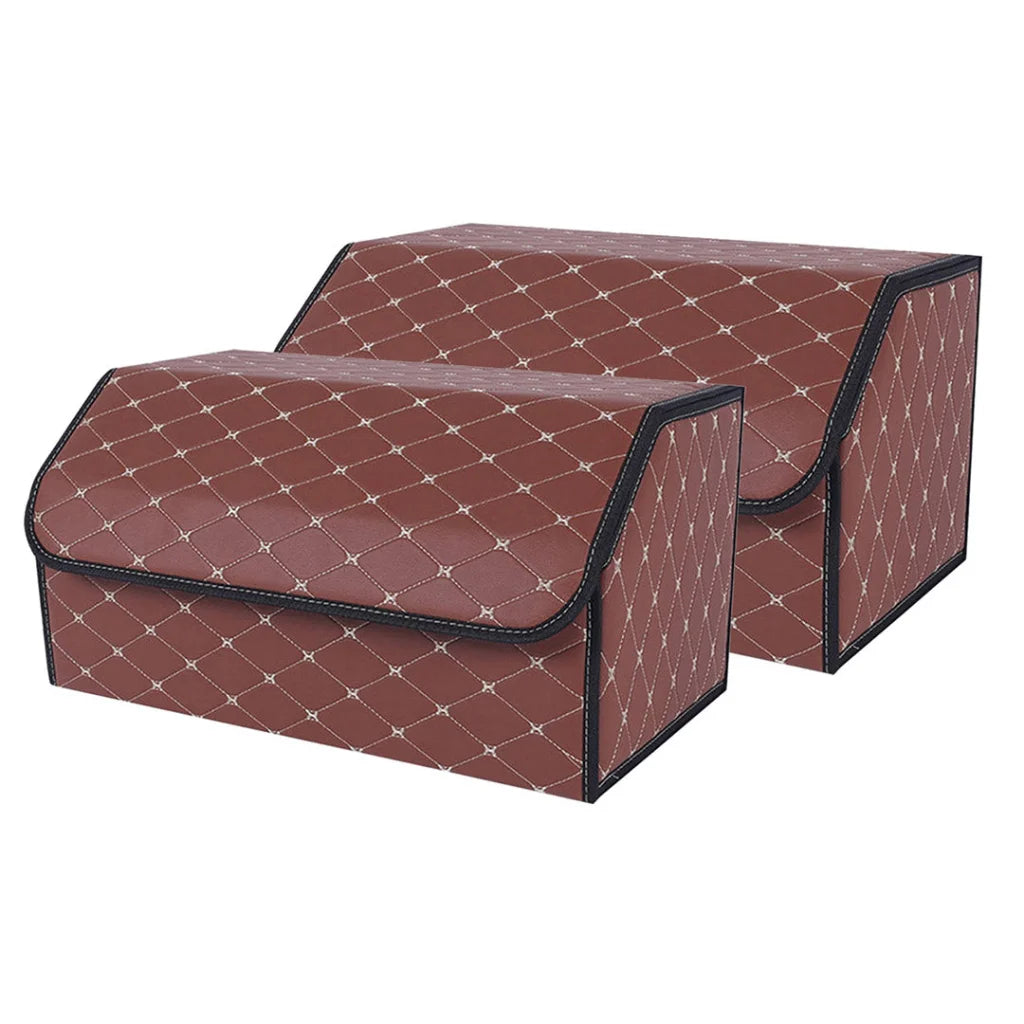 Leather Car Boot Trunk Cargo Organizer 2X Collapsible Foldable Storage Box Coffee/Gold Stitch Large