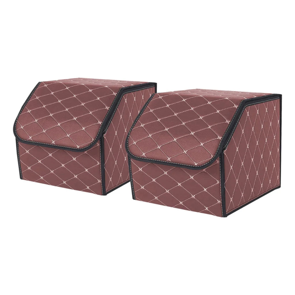 Leather Car Boot Trunk Cargo Organizer 2X Collapsible Foldable Storage Box Coffee/Gold Stitch Small