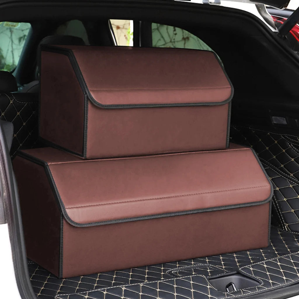 Leather Car Boot Trunk Cargo Organizer 2X Collapsible Foldable Storage Box Coffee Large