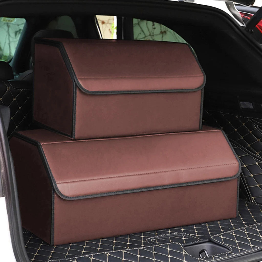 Leather Car Boot Trunk Cargo Organizer 2X Collapsible Foldable Storage Box Coffee Medium