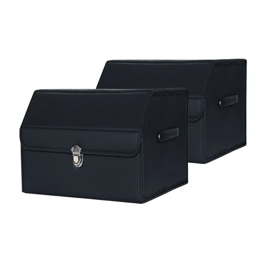 Leather Car Boot Trunk Cargo Organizer 2X Collapsible Foldable Storage Box with Lock Black Small
