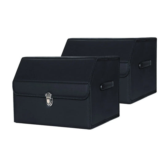 Leather Car Boot Trunk Cargo Organizer 2X Collapsible Foldable Storage Box with Lock Black Small