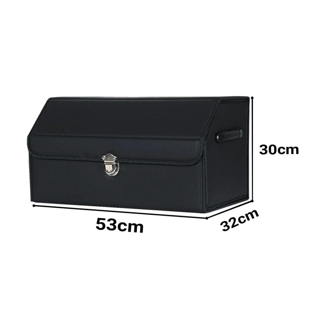 Leather Car Boot Trunk Cargo Organizer 2X Collapsible Foldable Storage Box with Lock Black Medium