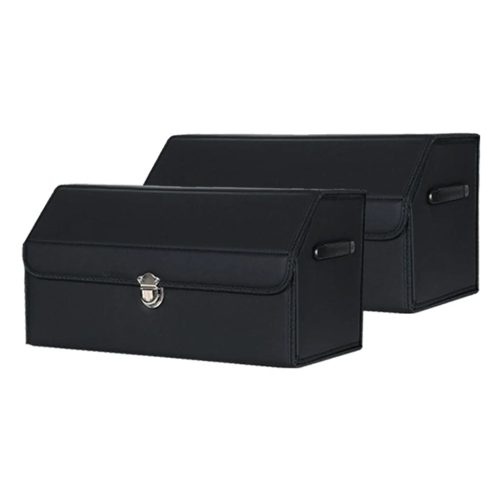 Leather Car Boot Trunk Cargo Organizer 2X Collapsible Foldable Storage Box with Lock Black Medium