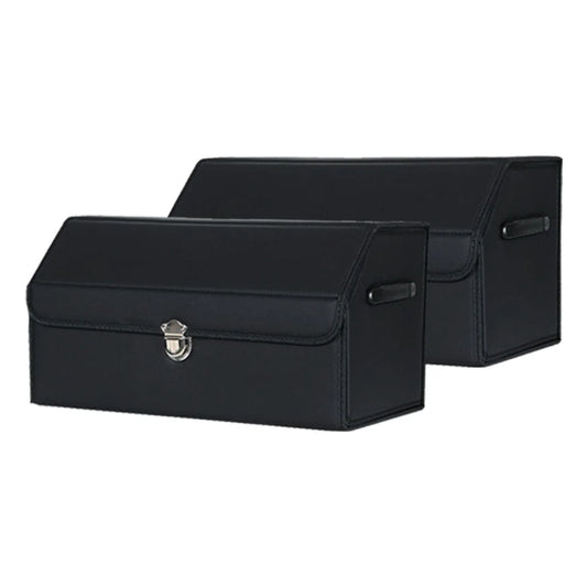 Leather Car Boot Trunk Cargo Organizer 2X Collapsible Foldable Storage Box with Lock Black Medium