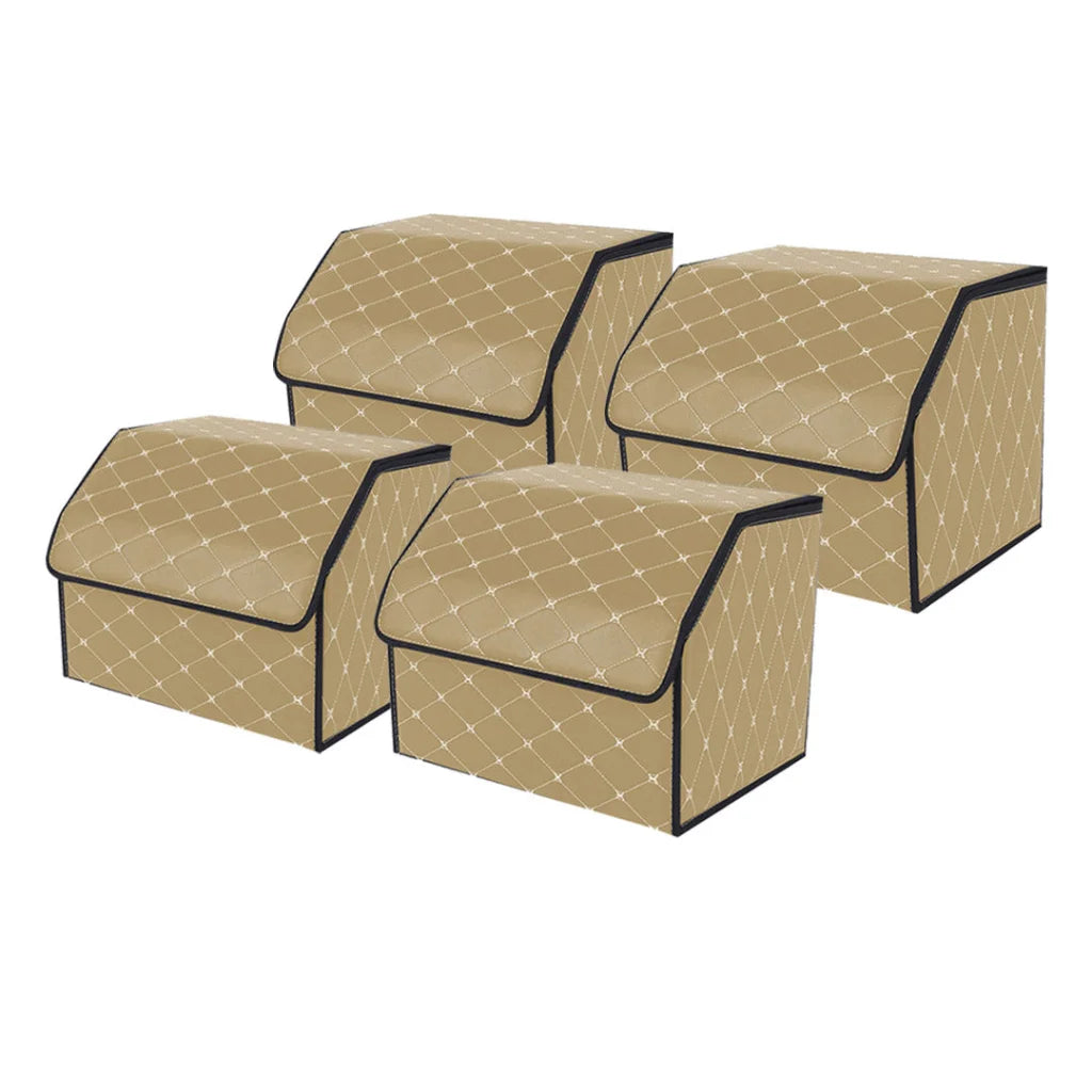 Leather Car Boot Trunk Cargo Organizer 4X Collapsible Foldable Storage Box Beige/Gold Stitch Small