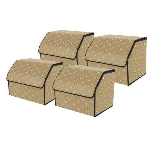 Leather Car Boot Trunk Cargo Organizer 4X Collapsible Foldable Storage Box Beige/Gold Stitch Small
