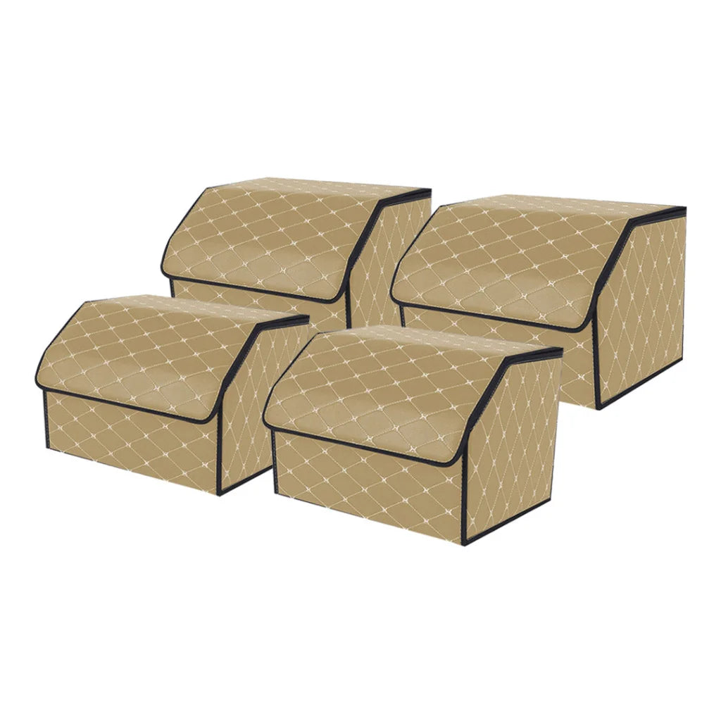 Leather Car Boot Trunk Cargo Organizer 4X Collapsible Foldable Storage Box Beige/Gold Stitch Medium