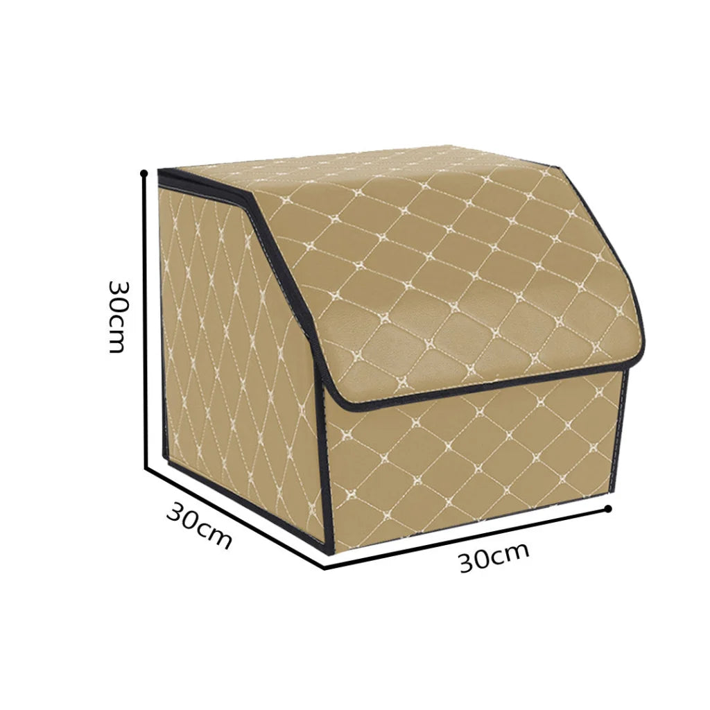 Leather Car Boot Trunk Cargo Organizer 4X Collapsible Foldable Storage Box Beige/Gold Stitch Small