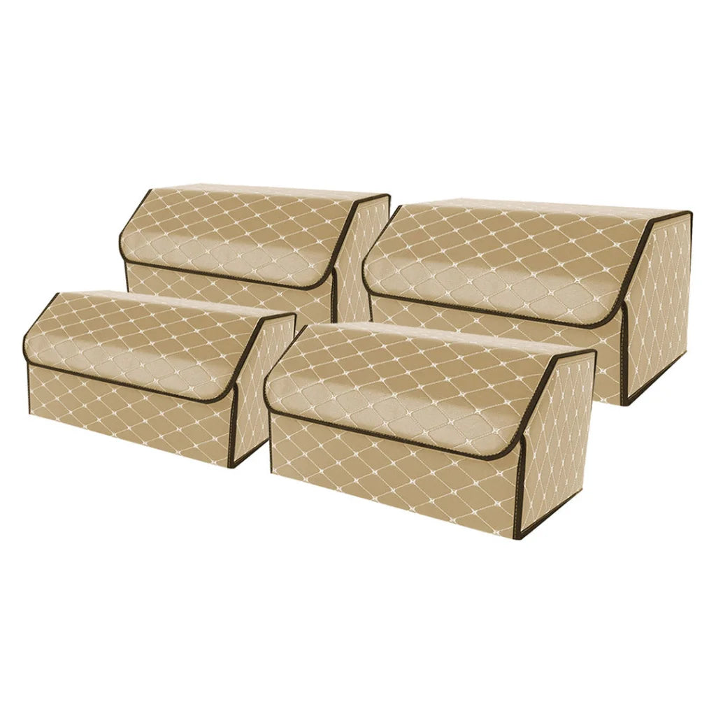 Leather Car Boot Trunk Cargo Organizer 4X Collapsible Foldable Storage Box Beige/Gold Stitch Large