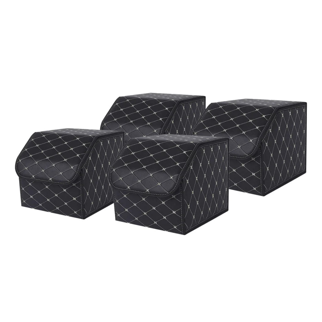 Leather Car Boot Trunk Cargo Organizer 4X Collapsible Foldable Storage Box Black/Gold Stitch Small