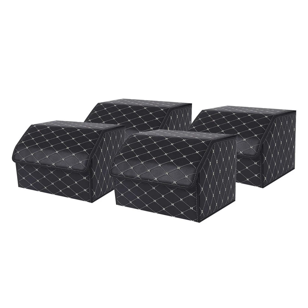 Leather Car Boot Trunk Cargo Organizer 4X Collapsible Foldable Storage Box Black/Gold Stitch Medium