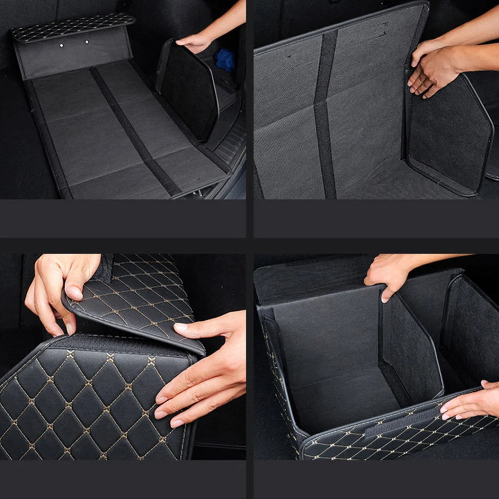 Leather Car Boot Trunk Cargo Organizer 4X Collapsible Foldable Storage Box Black/Gold Stitch Large