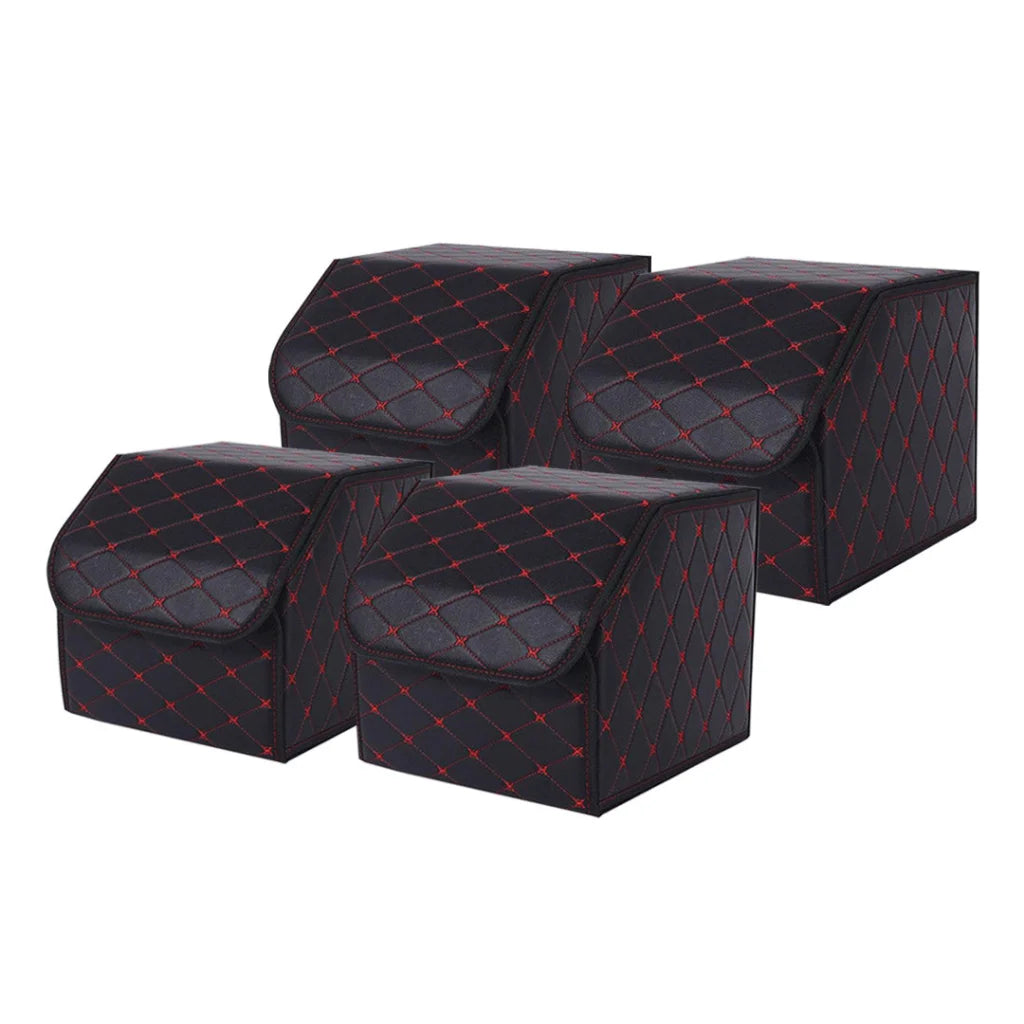 Leather Car Boot Trunk Cargo Organizer 4X Collapsible Foldable Storage Box Black/Red Stitch Small