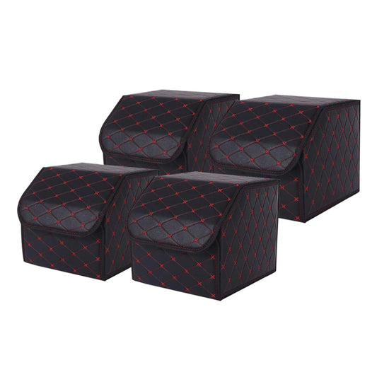Leather Car Boot Trunk Cargo Organizer 4X Collapsible Foldable Storage Box Black/Red Stitch Small