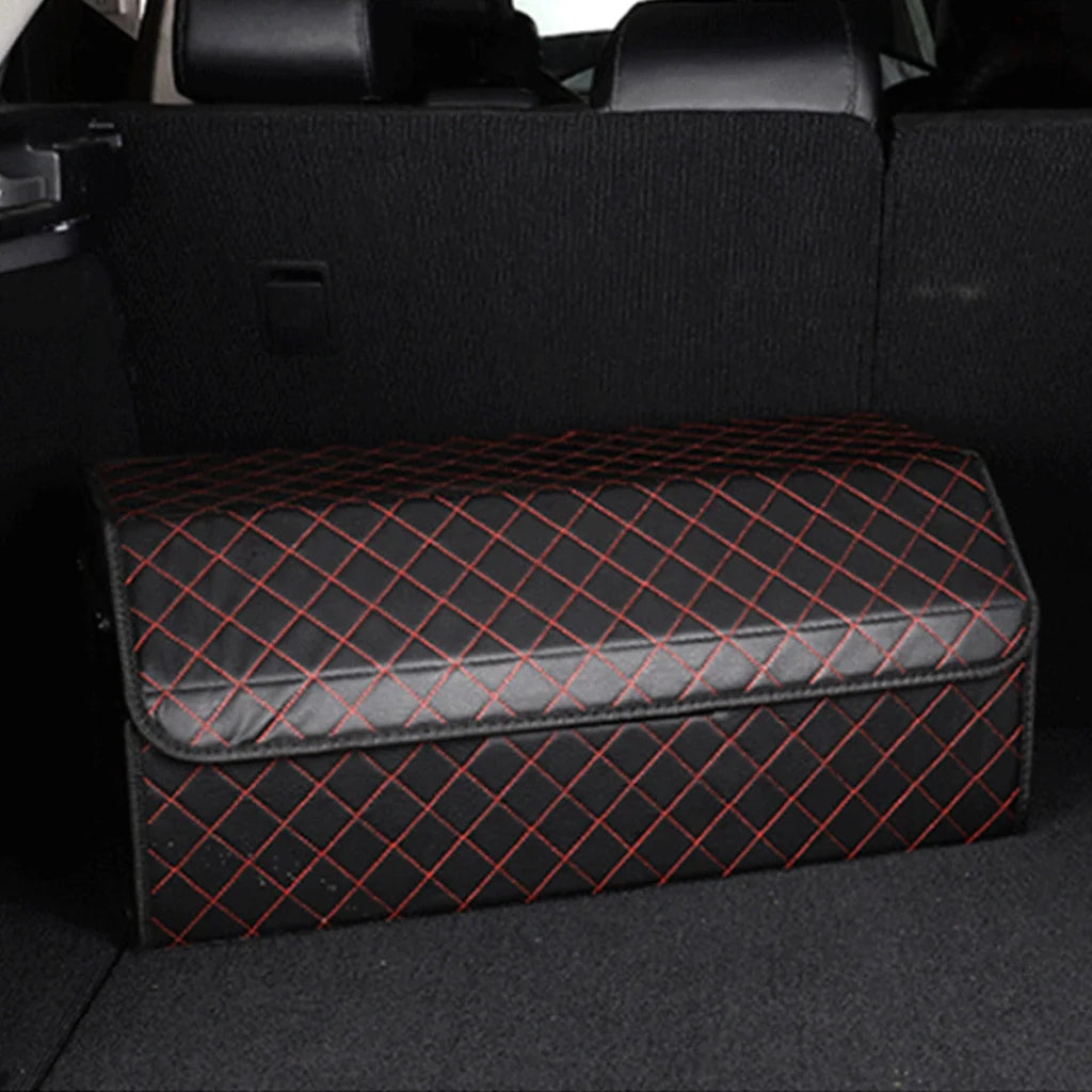 Leather Car Boot Trunk Cargo Organizer 4X Collapsible Foldable Storage Box Black/Red Stitch Large