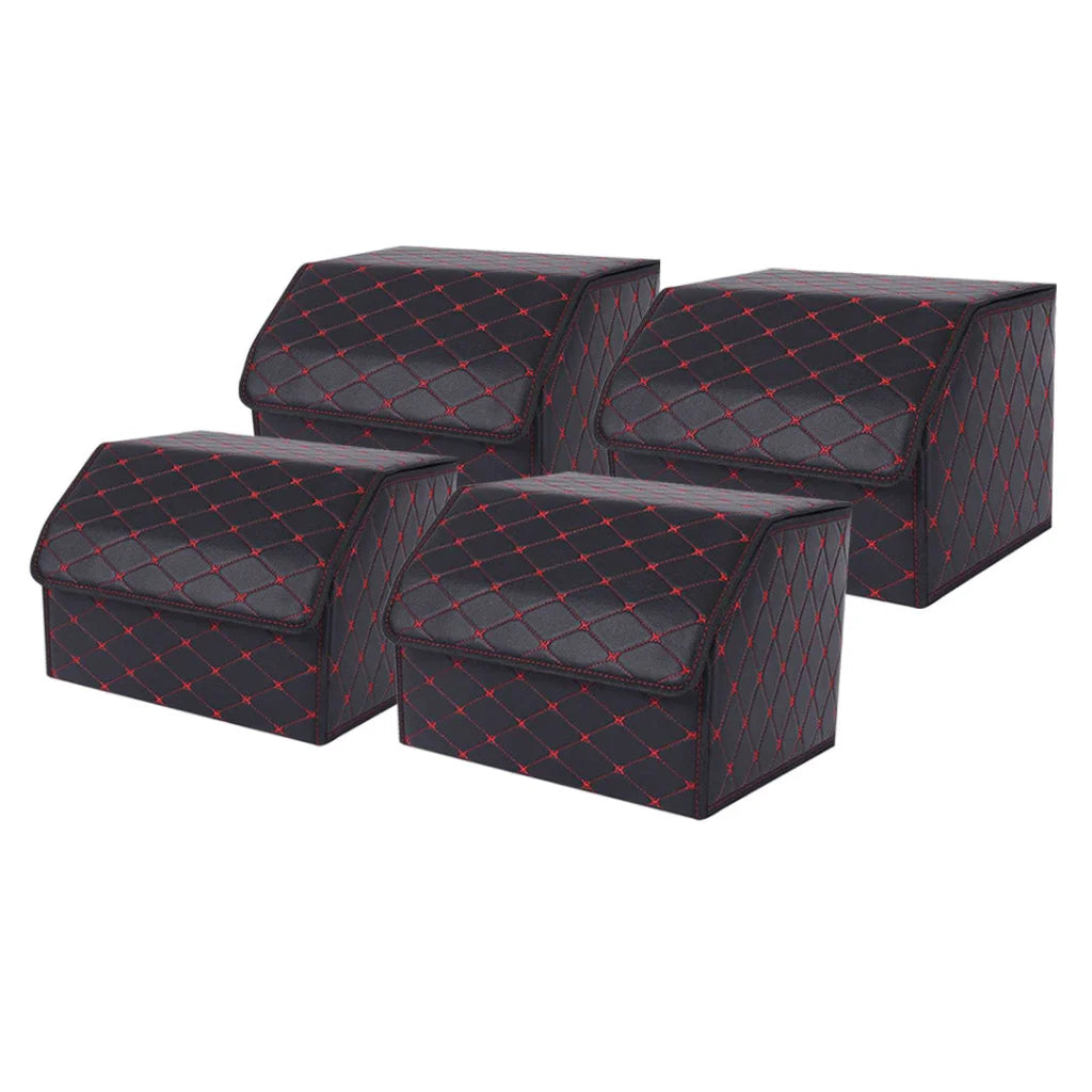 Leather Car Boot Trunk Cargo Organizer 4X Collapsible Foldable Storage Box Black/Red Stitch Medium