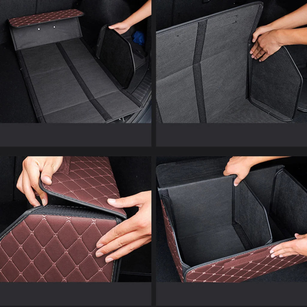 Leather Car Boot Trunk Cargo Organizer 4X Collapsible Foldable Storage Box Coffee/Gold Stitch Large